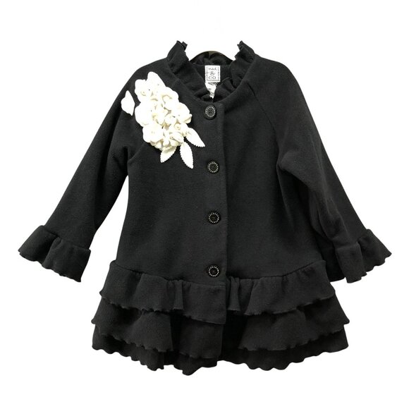 Mack & Co Dress Coat Girls 4T Black Ruffle White Flower Applique Fleece Peacoat - Picture 1 of 8